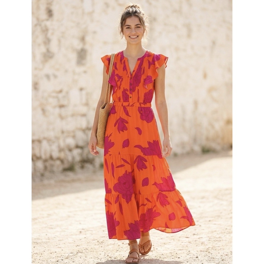 THML Women XS Flutter Sleeve Tiered Orange Pink Floral Midi Lined Pocketed Dress